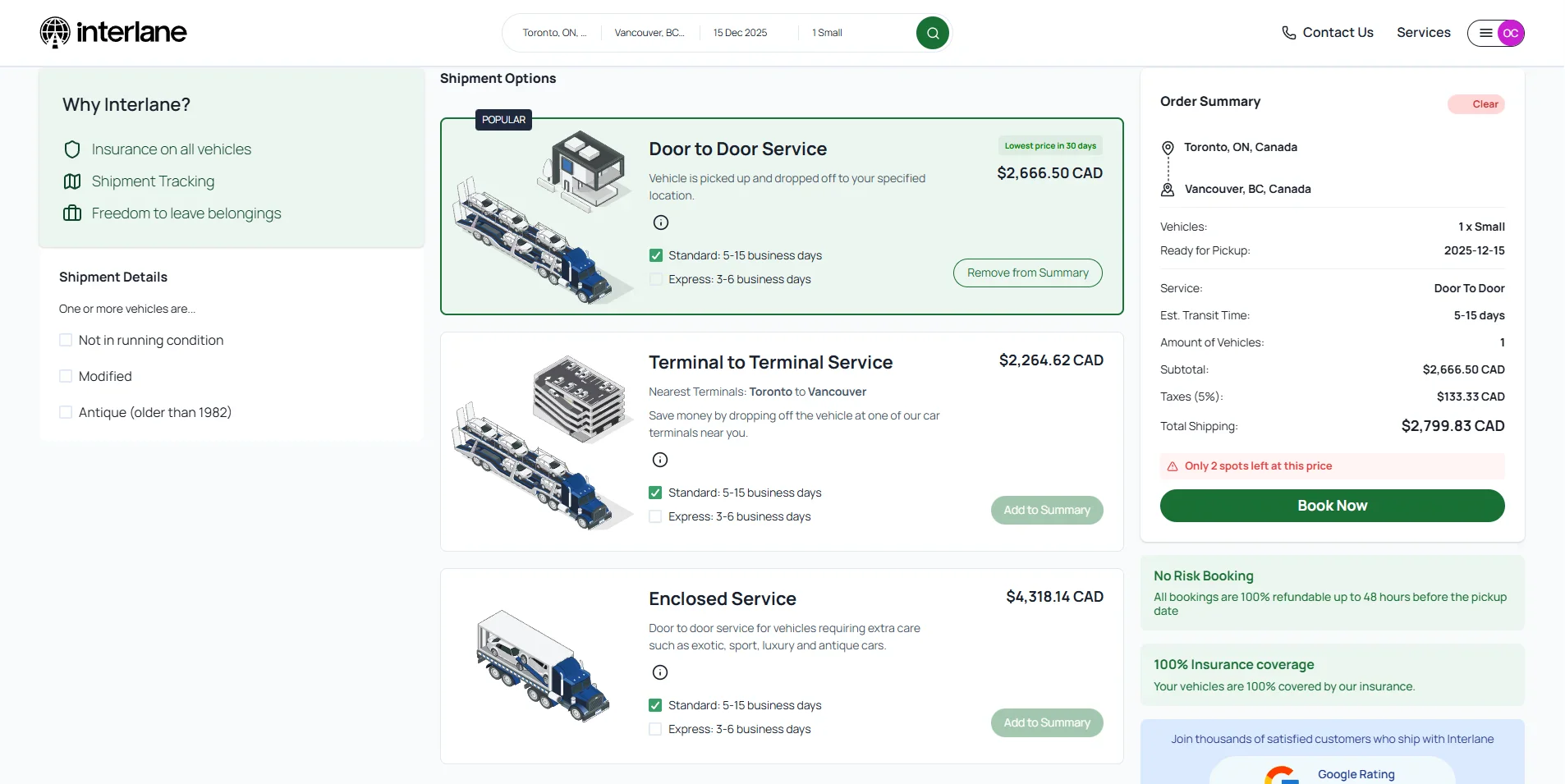 Interlane quote portal showing shipment options, pricing, and order summary for car shipping from Toronto to Vancouver