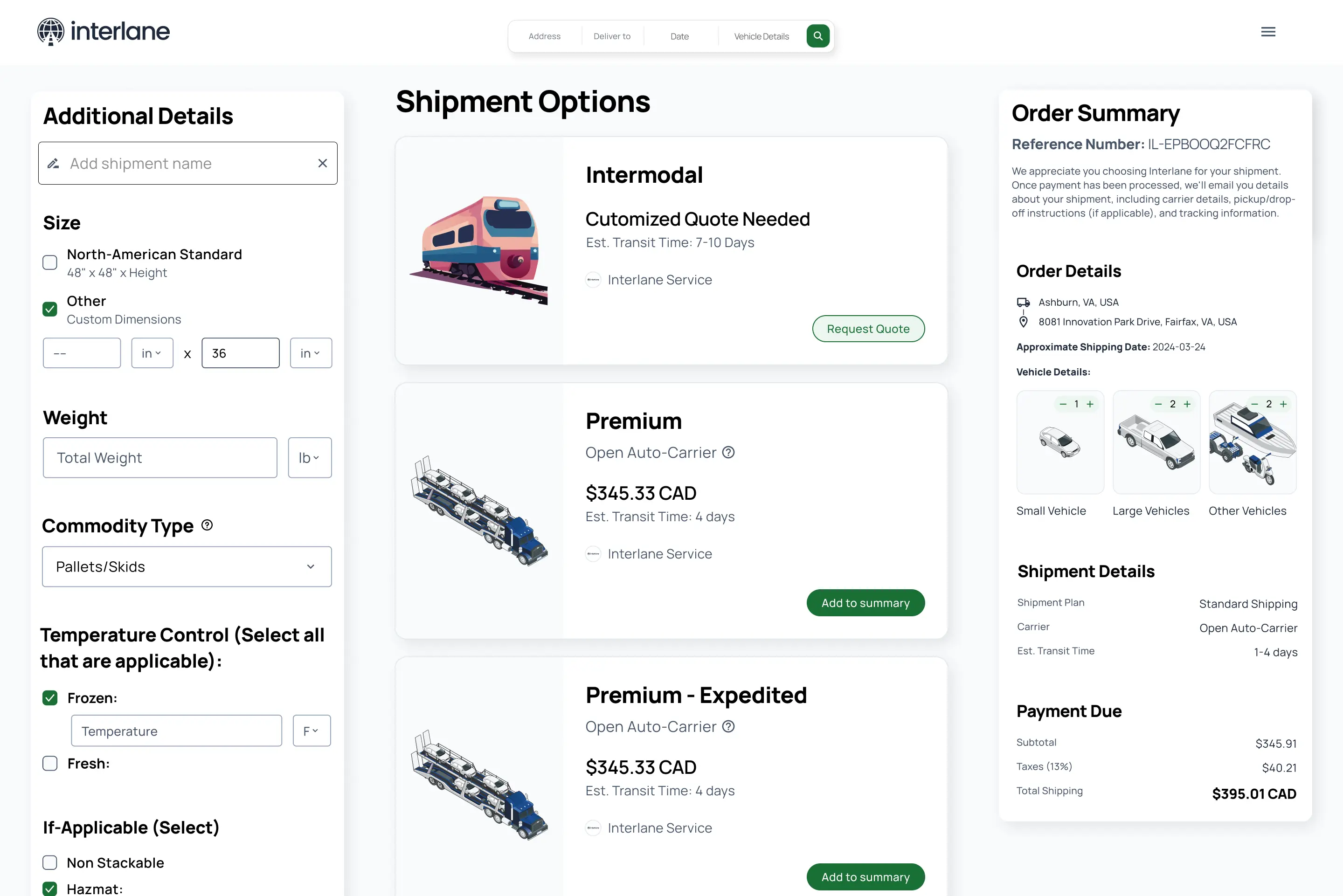 Interlane platform—shipment options and order summary